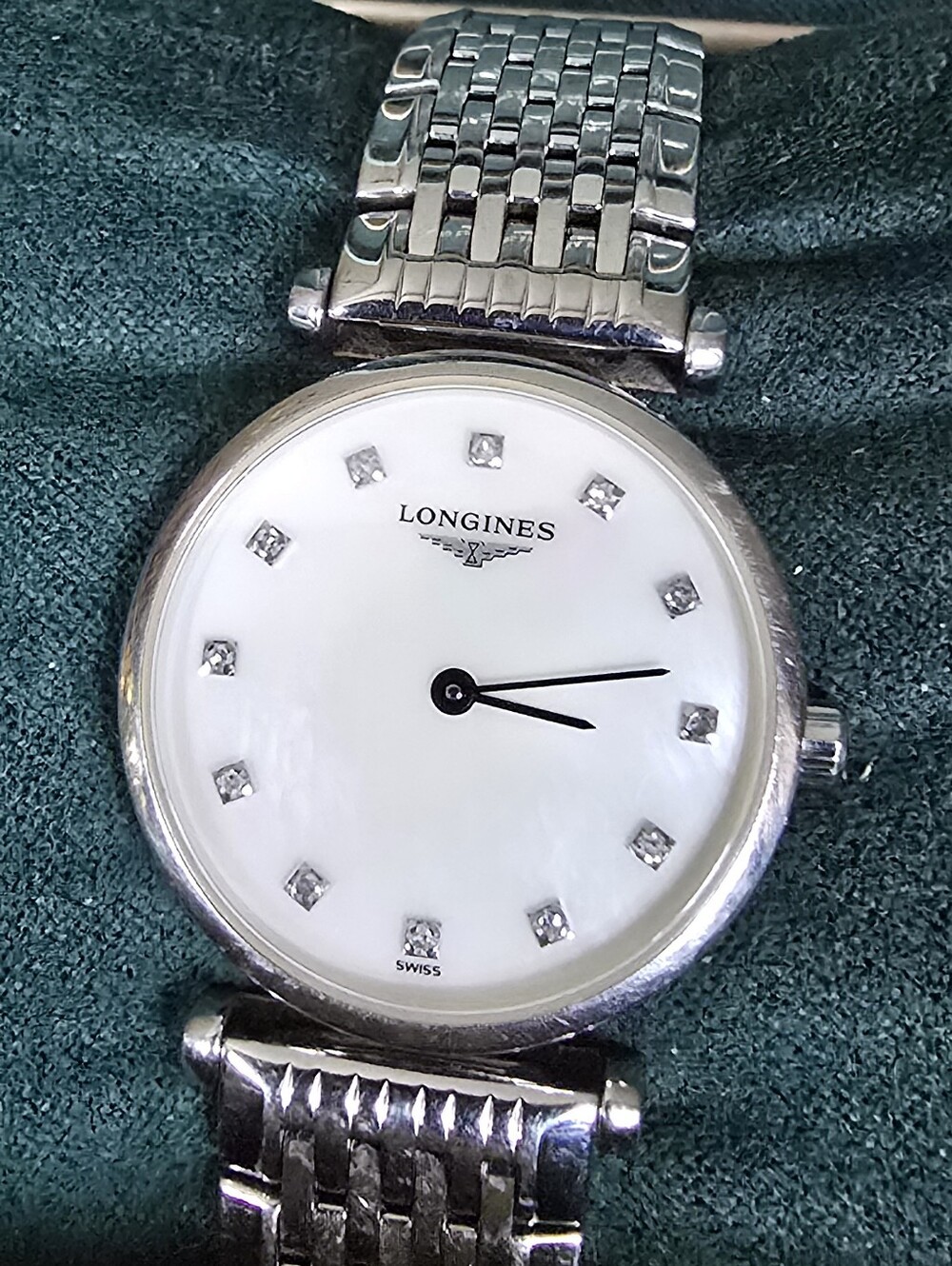 Grand Longines Minimalist Silver Dress Watch with White Mother-of-Pearl Dial